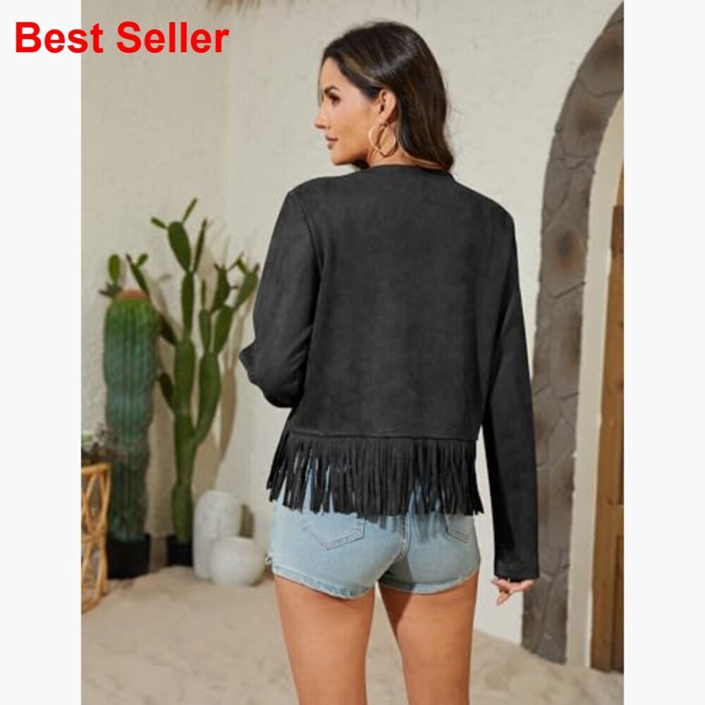 Faux Leather Jacket Oversized Cropped Fringe Western Cowgirl Motorcycle Coat - Picture 6 of 7